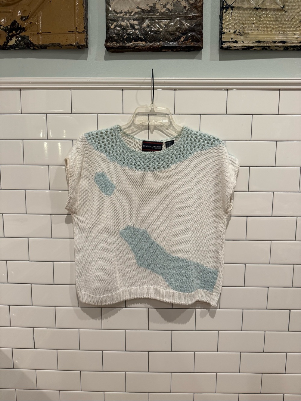 VINTAGE Cream and Light Blue Knit Short Sleeve Sweater - from Mervyn’s